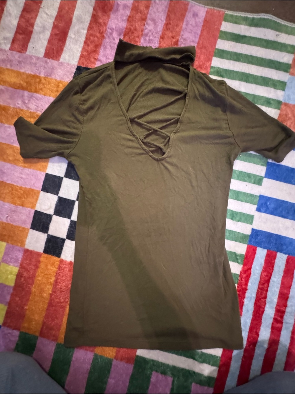 Ambiance Olive Green Crisscross V-Neck Short Sleeve Top